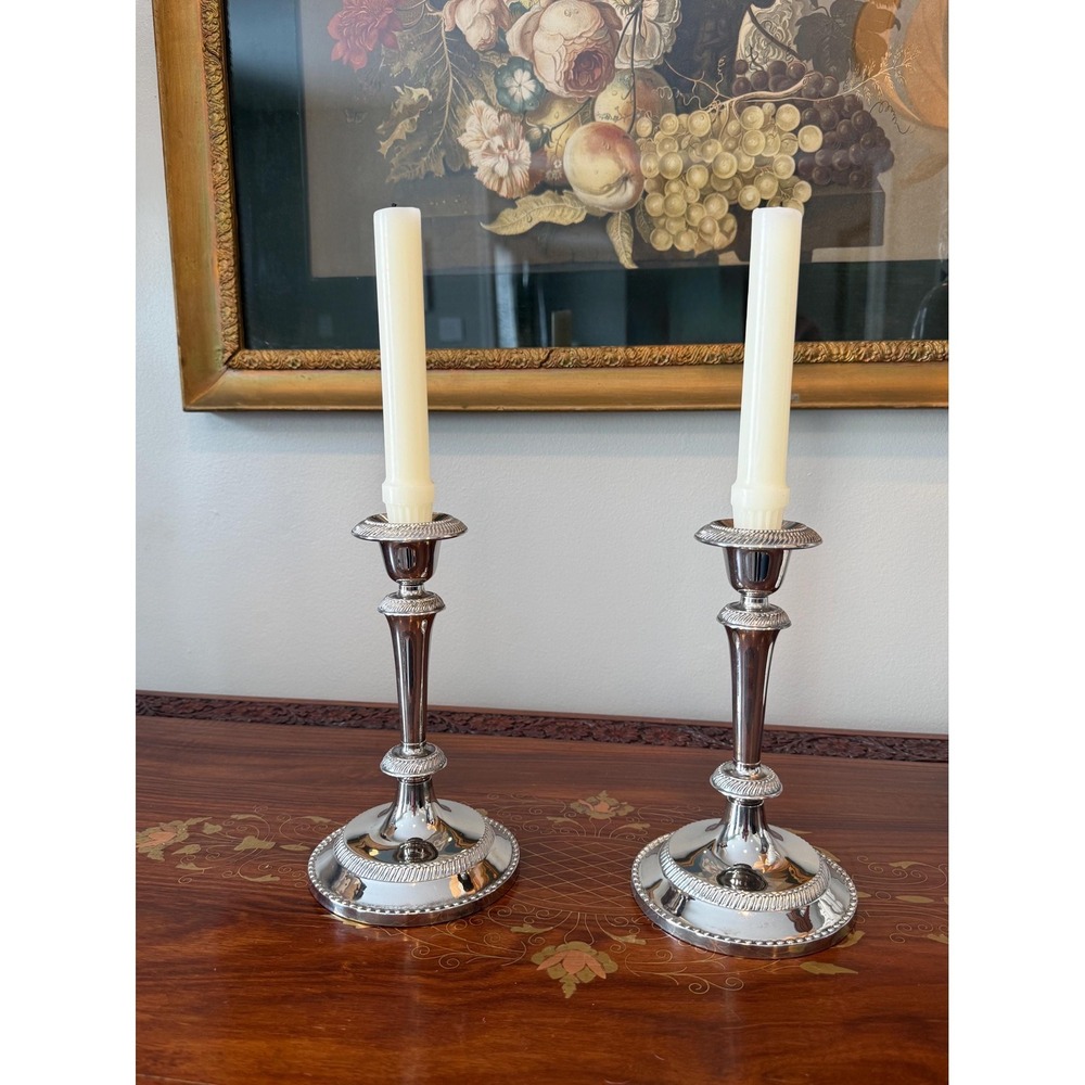 Vintage‎ Silver Plate Candlestick Pair • Neoclassical Taper Holders 7.75"